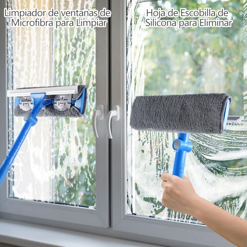 Mitclear 2 en 1 Limpiacristales con Mango Largo(475cm), Limpiador de Ventanas con Escobilla de Silicona y Paño de Microfibra, Kit de Limpieza de Ventanas para Coche, Ventanas Altas, Interior/Exterior - imagen 2