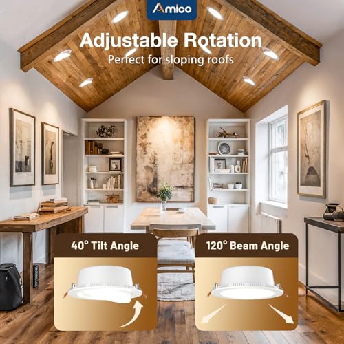 Amico 6 Pack 6-Inch Adjustable LED Recessed Downlights, 15W 100W Equivalent, 2700K-5000K Selectable, ETL & FCC Certified