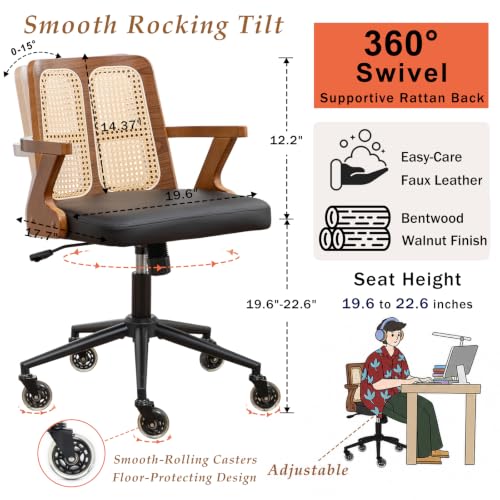Image of Conference Room Chair, Mid Century Walnut Desk chair with Rattan Backrest