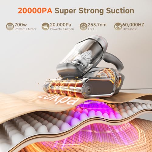 Image of uwant 20Kpa Powerful Mattress Vacuum 700W Motor Bed Vacuum Set of 1 | Triple Hot Bed Vacuum, 60000RPM Tap, Aroma Care, UV-C Light and Ultrasonic, 20.3 oz Dust Cup, Mattress Vacuum for Bed, Sofa