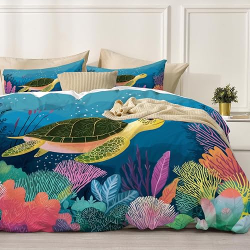 Housse de Couette Tortue Fermeture Eclair Linge de Lit Facile à Enfiler 140x200