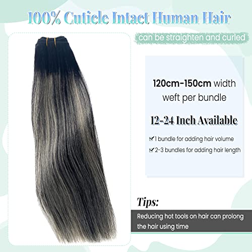 Image of Sew in Weft Hair Extensions Human Hair, Ombre Black to Blonde Highlights Hair Extensions Real Human Hair Bundles 12 Inch 80G Hand Tied Weft Hair Extension Human Hair Sew in Weave Wefts Extensions