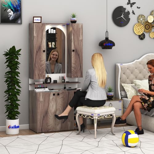 Image of Anikaa Opulex Engineered Wood Dressing Table with Mirror Cabinet, LED Lights, Storage Shelves & Back Panel - Wall Mounted Makeup Vanity & Organizer for Bedroom -(Coachwood /White) DIY Installation