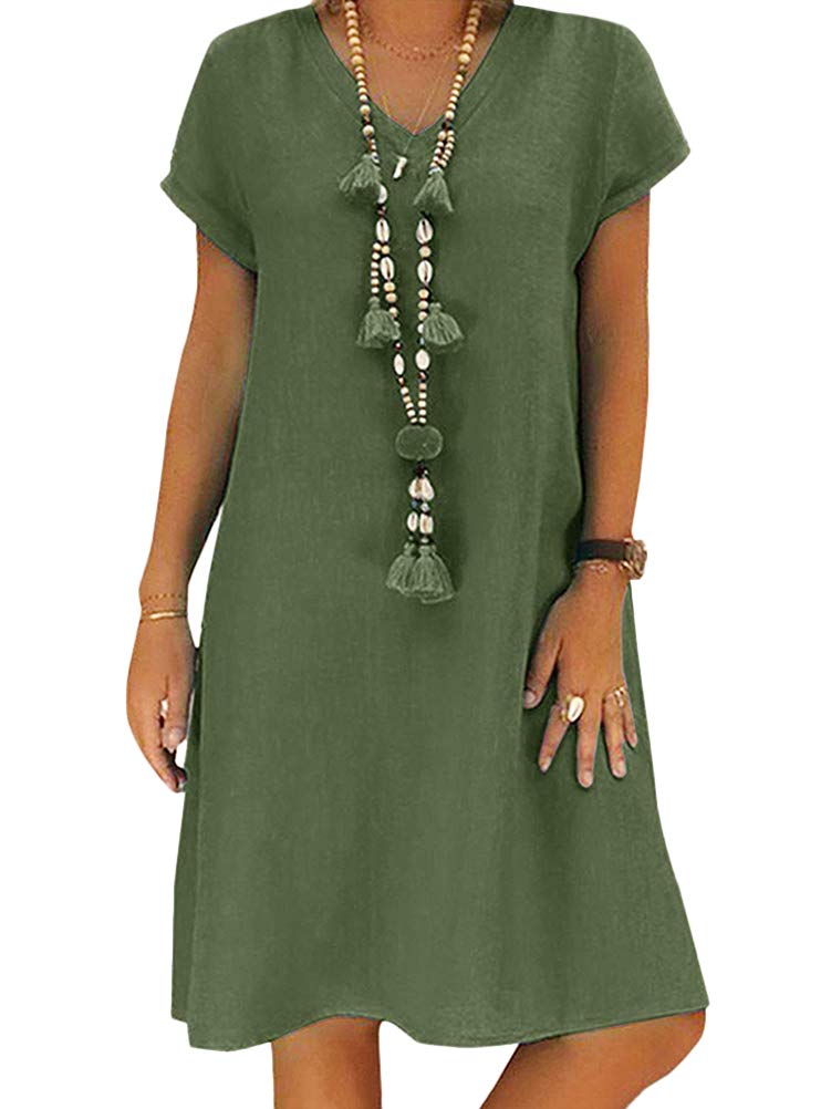 Onsoyours Vestido De Lino De Las Mujeres Verano con Cuello En V Vestido De Playa Boho Color Sólido Vestido De Una Línea hasta La Rodilla Sueltos Ocasionales De La Camiseta