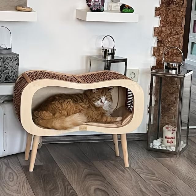 review Wicker Cat Bed, Infinity on Legs - Natural Version with A Beige Mattress - Indoor Kitten House, Basket and Couch with Thick & Durable Plywood - 100% Polish Product