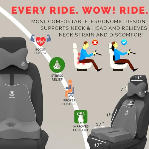 Image of MRRON Memory Foam Car Seat Cushion Combo - Backrest, Coccyx Cushion & Neckrest - Orthopedic Support for Back, Sciatica & Neck Pain - Ergonomic Comfort for Car, Office. (Grey, Slim Backrest)