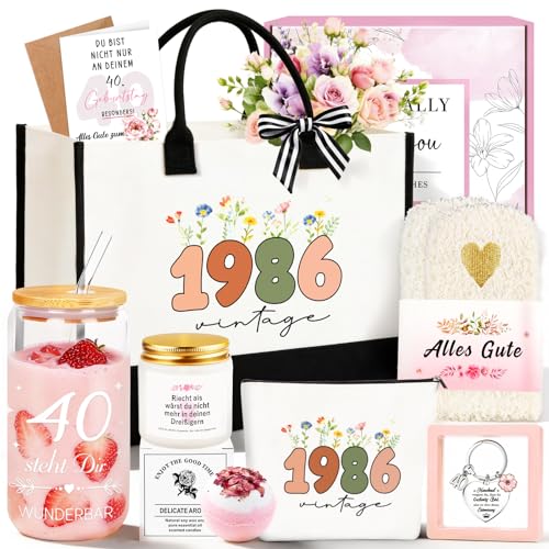 TUZELIYA 40 Geburtstag Frauen 8tlg. Geburtstagsgeschenk für frauen mit Vintage 1986 Canvas Einkaufstasche 40. Geburtstag Geschenkset mit Grußkarte für Mama Ehefrau Freundin Kollegin Schwester