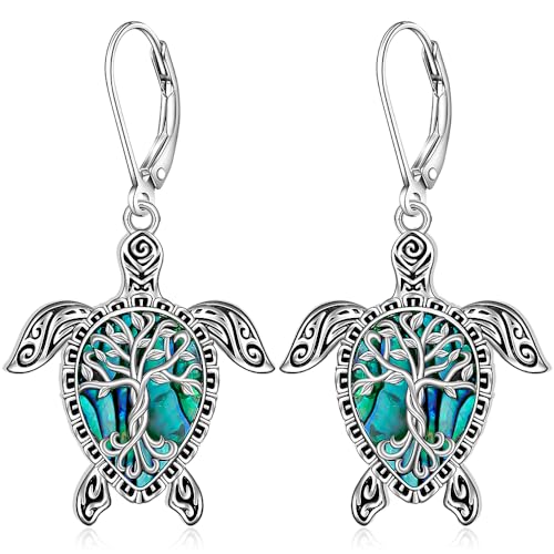 Sea Turtle Earrings for Women Tree of Life Abalone Shell Sea Turtle Gifts for Women Sterling Silver Dangle Lever Back Hawaii Mothers Day Gifts