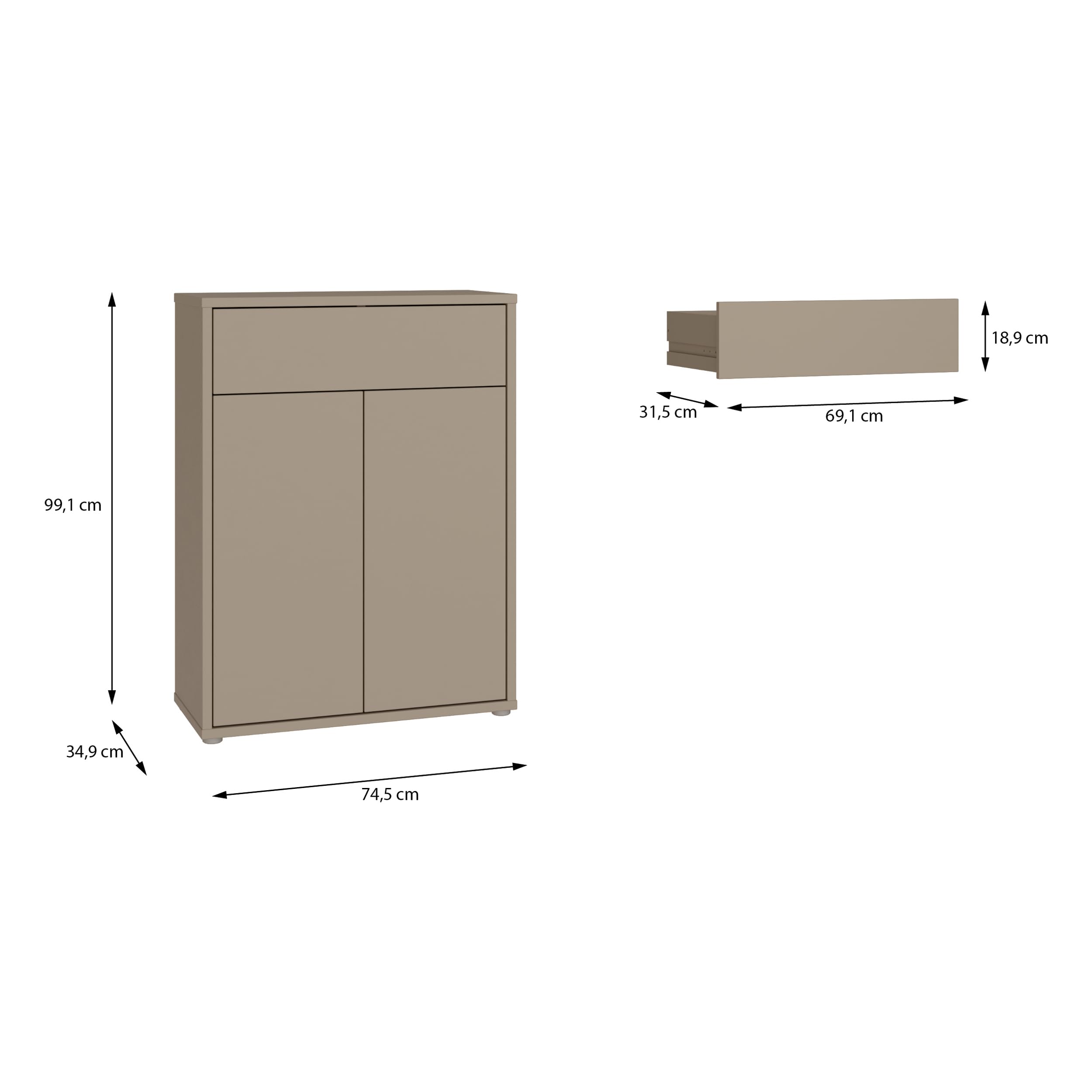 Forte Alice Springs Schuhschrank 70 80, modern-minimalistisch, 2-türig, 1 Schublade, Holzwerkstoff, Taupe, 74,5 cm breit x 99,1 cm hoch x 34,9 cm tief