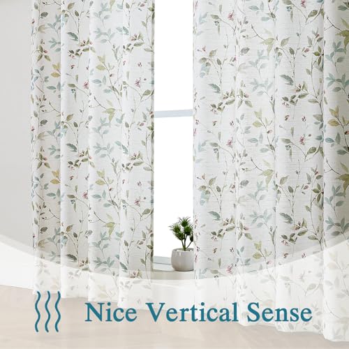 Image of Chyhomenyc Light Filtering 90 Inch Window Curtains - Linen Blend Floral Printed Curtains Drapes for Living Room, Soft Farmhouse Curtain for Bedroom, 52Wx90L Inch, 2 Panels