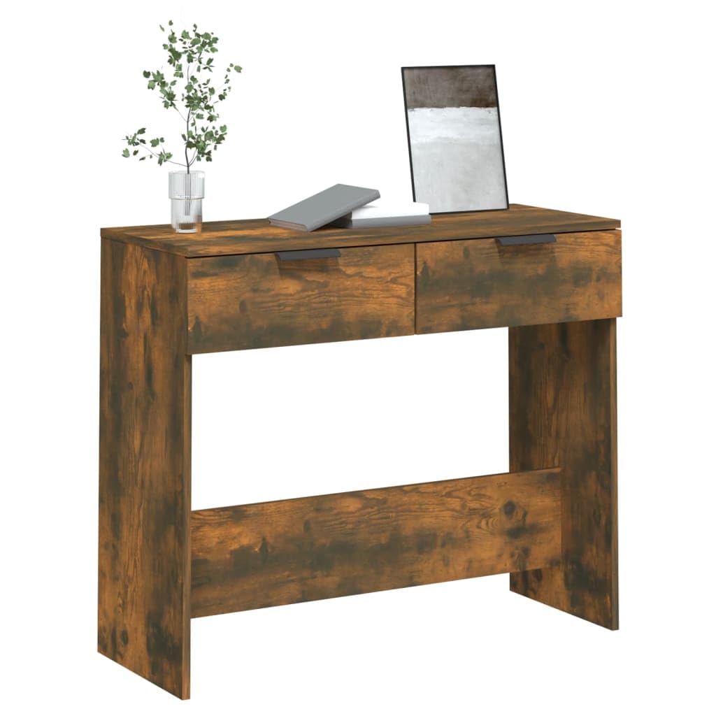Mesa consola de roble ahumado 90 x 36 x 75 cm, material de madera con 2 cajones, espaciosa placa superior y soporte de pared para salón, entrada o pasillo, más estable