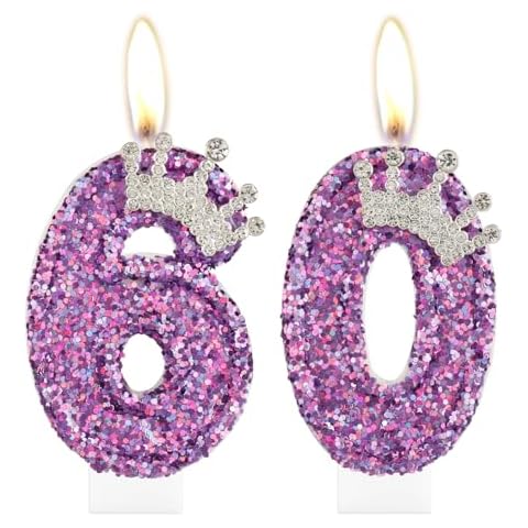 60th Birthday Candles for Girls, Purple Crown Number 60 Candle for Cake Topper Decorations for Girls Birthday Party Wedding Anniversary Celebration Supplies Cover