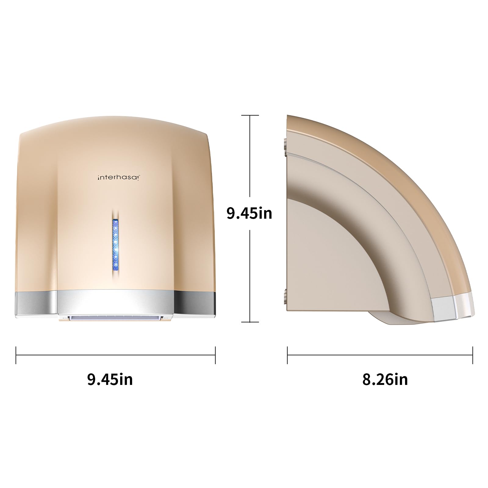 interhasa! Sèche-mains automatique avec chauffage électrique pour la maison 1800 W Sèche-mains électrique à grande vitesse à économie d'énergie Sèche-mains mural sans contact (doré)