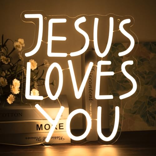 Image of Jesus Loves You Neon Sign Dimmable Neon Signs for Wall Decor Letter LED Signs USB Light Up Sign for Jesus Room Decor Christian Wall Art Bedroom Living Room Jesus Gifts
