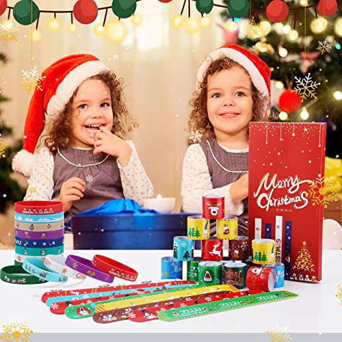 Fnayol 48Pcs Christmas Party Favors Slap Bracelets Rubber Wristbands for Kids Girls Boys，Christmas Stocking Stuffers Gifts with Santa hats Snowmen Elk Xmas Socks - image 7