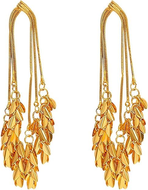 Gold Plated Tassel Leaves Drop Earrings for Women & Girls | Long Statement Dangle Earrings | Elegant Western & Festive Jewelry-image-30