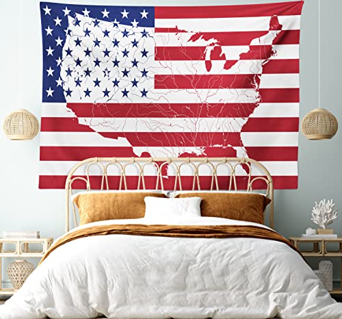 Ambesonne American Flag Tapestry, America Continent Shaped Flag Martial Design International World Glory Print, Wide Wall Hanging For Bedroom Living Room Dorm, 80" X 60", Indigo Red #TOP4