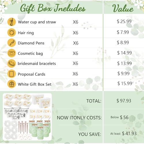 42Pack Bridesmaid Proposal Gifts,Maid of Honor Gifts Matron of Honor Gifts Including Bridesmaid Boxes,16oz Cups Makeup Bag Bracelets Diamond Pen Invitation Cards Scrunchies for Wedding (White)2