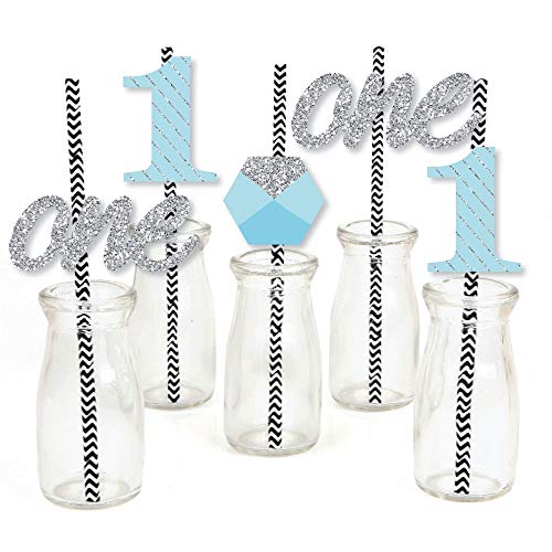 Big Dot of Happiness - 1st Birthday Boy - Fun to be One Paper Straw Decor - First Birthday Party Striped Decorative Straws - Set of 24