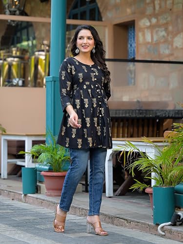 Image of Women's Black Printed Cotton Top | Round Neck, 3 /4 Sleeves & Flared Fit | Casual Wear