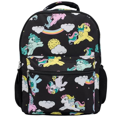 AI ACCESSORY INNOVATIONS Mochila My Little Pony de 40,6 cm com bolso frontal para meninas, MLP com estampa de arco-íris Dash, Fluttershy, Melody e Twilight Sparkle, preta, Preto, Standard, Personagem