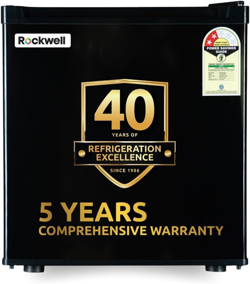 ROCKWELL 47L Mini Fridge with Freezer, 2 Star, 5 Year Warranty, Direct Cool Technology, Adjustable Shelves, Ideal for Bedroom, Small Spaces, Hostels, and Offices, Black