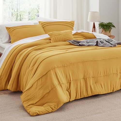 Image of Bedsure California King Comforter Set - 4 Pieces Pinch Pleat Bed Set, Mustard Yellow Boho Bedding for All Season, 1 Soft Comforter, 2 Pillowcases, 1 Decorative Pillow