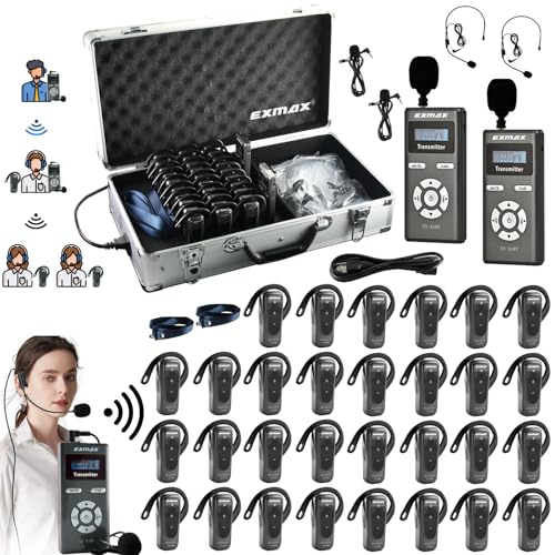 EXMAX EX-318 Sistema Inalámbrico de Transmisión de Audio para Guías de Tour con 2 Transmisores y 30 Receptores con Estación de Carga de 32 Ranuras miniatura 1