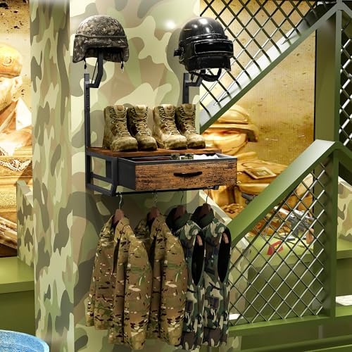 TQVAI Helmet Holder Wall Mount, Hold up to 2 Helmets, Motorcycle Helmets Rack with Drawer and Mesh Basket for Motorcycle Accessories, Hanging Protective Gear Shelf for Backpack Boots