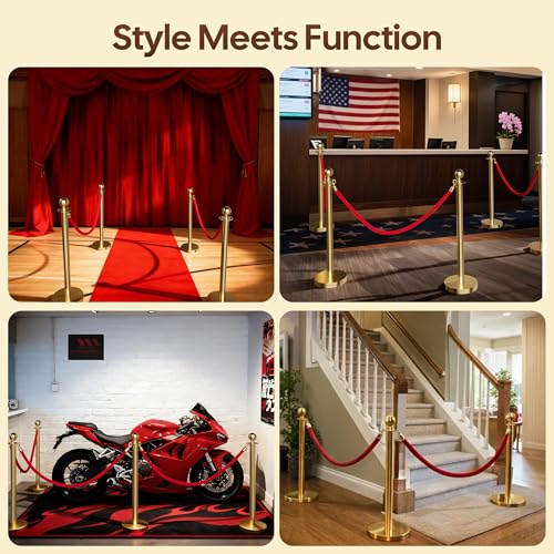 Image of 4 Pack Gold Stanchions and Velvet Ropes Set, Stainless Steel Crowd Control Barriers, 3Pcs Red Carpet Ropes and Poles for Party Supplies,Photobooth Accessories, Prom,Birthday,Business,Wedding, Museums