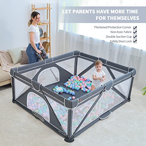 Image of Yobear Foldable Baby Playpen (59 inchx59 inch) - Portable Play Yard for Babies and Toddlers with 50 Ocean Balls, 2 Pull Handles & Carry Bag - Easy Setup Safe Indoor Outdoor Kids Activity Center (Dark Grey)