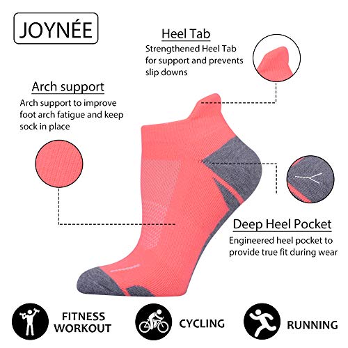 JOYNÉE Womens Athletic Ankle Sports Running Low Cut Tab Cushioned Socks 6 Pack,Multicoloured,Sock Size 9-112