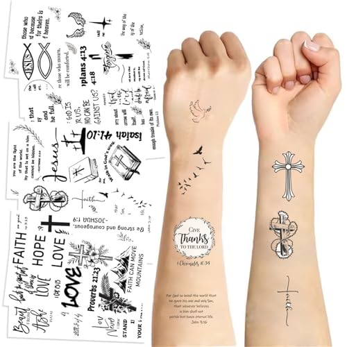 10Pcs Christian Motivational Bible Verse Quotes Words and Cross Temporary Tattoos For Adults, Inspirational Believe Strength in God Realistic Black English Word Tattoo for Women Men party
