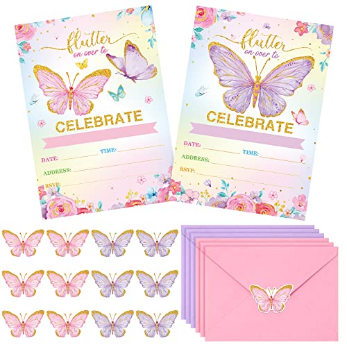 Sepamoon 24 Pack Butterfly Birthday Party Invitations with Envelopes Girls Floral Butterfly Invitation Cards Stickers Birthday Invitations Cards for Girls Party Baby Shower Wedding Decor(Purple)