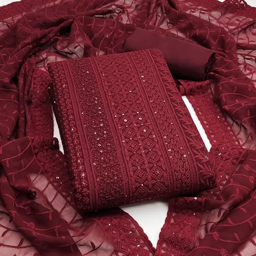Image of Sidhidata Women's Faux Georgette Full Embroidery Lucknowi Chikankari Schiffli Work Unstitched Salwar Suit Dress Material With Embroidered Dupatta (DM Lucknowi Free Size)