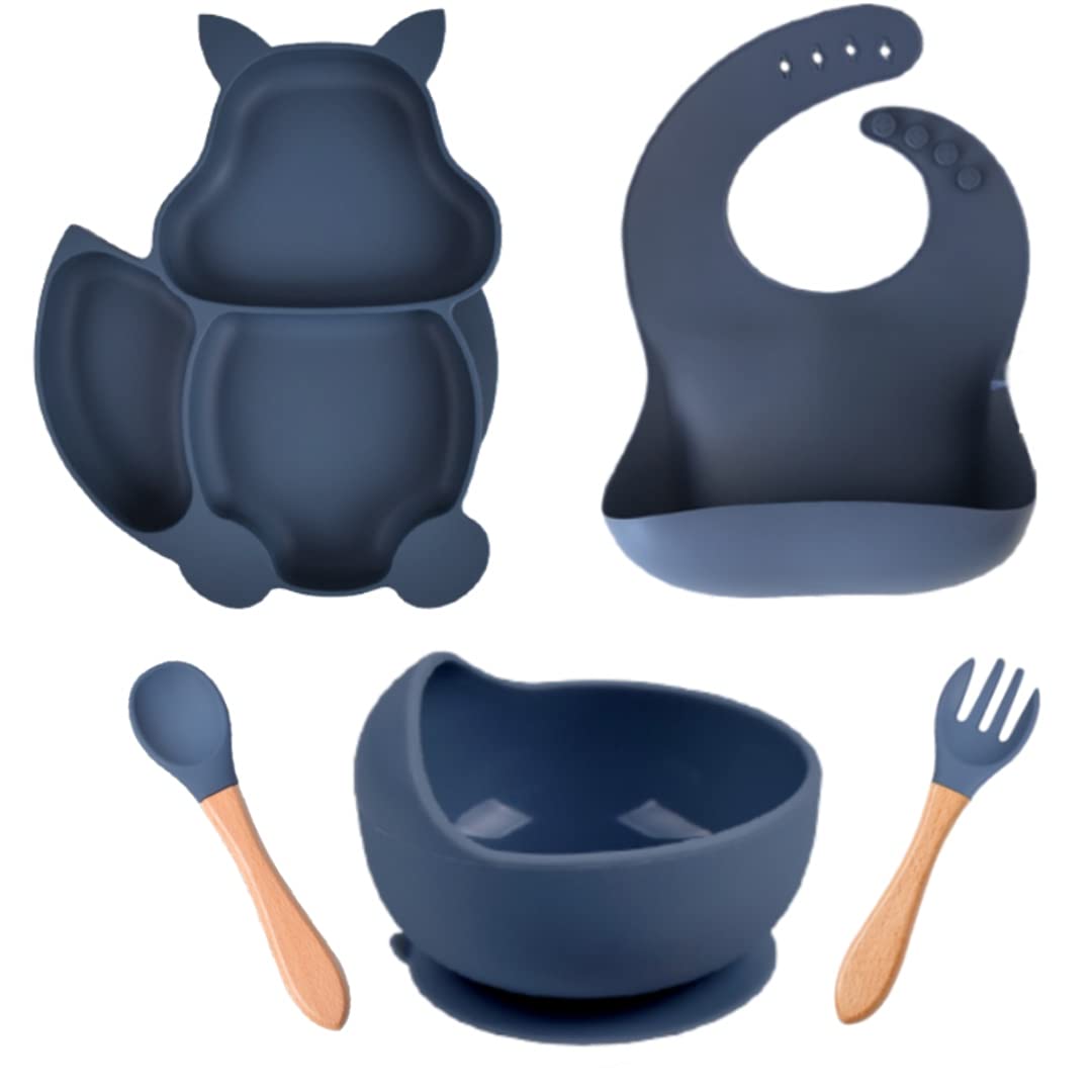 Baby Weaning Feeding Set, 5 PSC Silicone Set with Baby Bib + Suction Baby Plate + Suction Bowl + 1 Spoon & 1 Fork for Babies, Kids and Toddlers. Non Slip, BPA Free & Microwave Dishwasher Safe