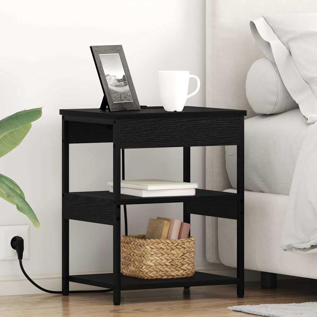 Table de chevet noire aspect chêne 41x31x51 cm avec station de charge et étagère de rangement