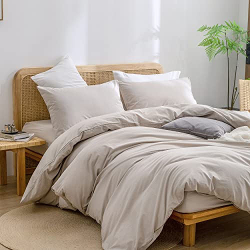 Image of BESTOUCH Cotton Solid Duvet Cover Set Linen Feel Linen Grey Oversized Queen | 100% Washed Cotton, Soft Wrinkle Texture, Hidden Zipper, 8 Ties, Breathable Lightweight Durable Comfy, 3 Pcs No Insert