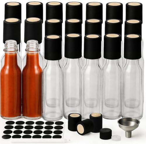 WERTIOO Hot Sauce Bottles 21-Pack 5oz Round Small Glass Bottles with Caps & Funnel - Reusable Mini Sauce Containers for Chili Oil, Vinegar, Gift Favors - Leakproof & Label-Ready