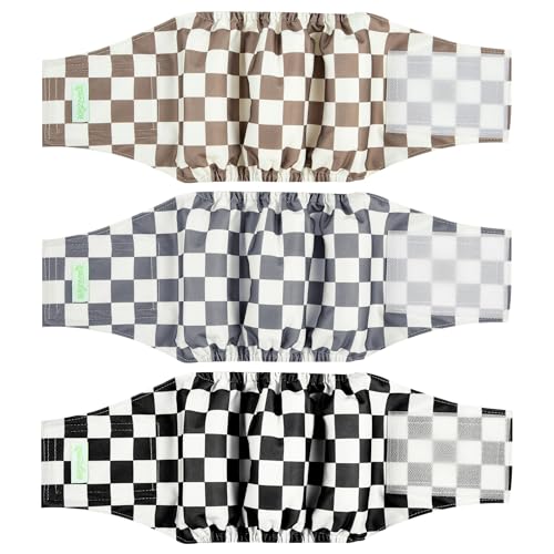 Image of wegreeco Washable Male Dog Belly Band (Stylish Pattern)- Pack of 3 - Washable Male Dog Belly Wrap, Dog Diapers Male (Black, Grey, Dark Coffee Checkerboard, X-Small)
