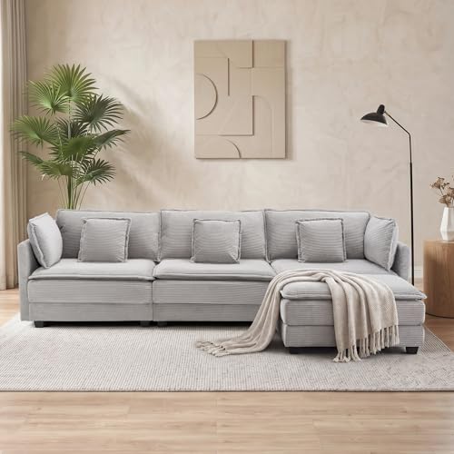 Image of Corduroy Sectional Couch, 3 Seater 113 inch L Shaped Cloud Couch with Ottoman, Modular Deep Seat Sofa with Pillows for Living Room, Apartment, Lightgrey