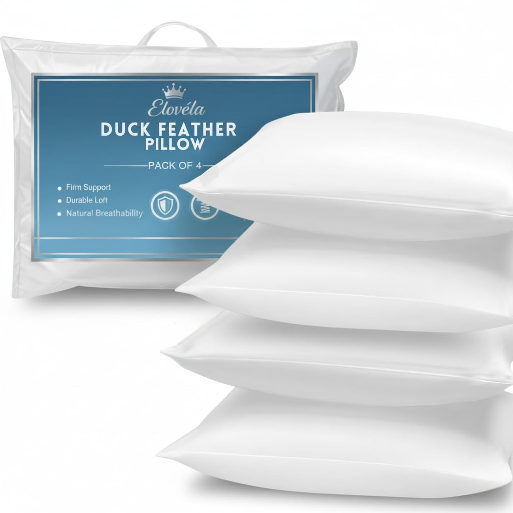 ELOVELA Premium Duck Feather Pillows 4 Pack (48cmx74cm) - Breathable & Anti-Dust Mite for Back Pain Relief - Soft & Comfortable Hotel Pillows for Restful Sleep – Machine Washable