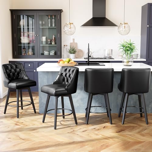 Image of Counter Height Bar Stools Set of 4, 26.8 inchH Swivel Leather Barstools with Backs and Solid Wood Legs, Counter Height Stools for Kitchen Island, Home Bar Pub, Black Grey