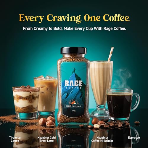 Image of RAGE COFFEE Irish Hazelnut - Flavored Instant Coffee Powder for both Hot & Cold Coffee, 100% Single Origin Arabica Coffee Beans Powder (IRISH HAZELNUT, 100g)
