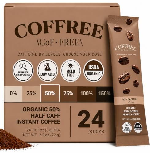 COFFREE Organic Instant Coffee Packets - Mold Free, Low Acid, Single-Origin Arabica - Individual Single Serve Coffee Sticks - Easy for Travel, Camping - Medium Roast, Half Caff 50% Caffeine - 24 Count