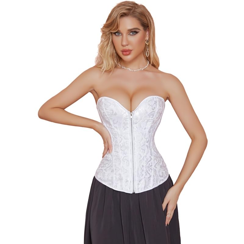 Lace Up Floral Jacquard Solid Fish Boned satin overbust Corsets Boned Overbust Corset Bustier Lingerie Bodyshaper Top Pleated Corselet Waist Bustier Top with Panty-image-35