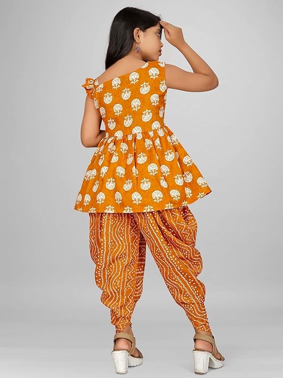 Image of Suhana Fashion Girls Dress Girls Cotton Kurti Top with Dhoti Kurta Set & Dupatta