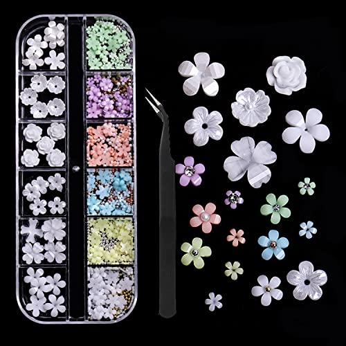 Vewinly Flower Nail Charms, 3D Acrylic Nail Art Rhinestones Mixed With Different Kinds Of Flowers And Gold Silver Pearl Beads Tweezers Included Spring Blossom Petal For Diy Nail Decorations #TOP6