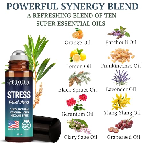 Image of Stress Relief Essential Oil Roll On - Calming Essential Oils Blend for Relaxation & Wellness Rituals - Aromatherapy Roller, Destress Gifts for Women & Men by Fiora Naturals