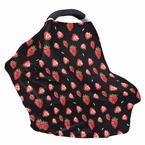 Image of Coldinair Strawberry Print Car Seat Cover for Babies Girls,Multi-use Breastfeeding Cover Nursing Cover,Soft Stretchy Carseat Canopy,Shopping Cart /High Chair /Stroller Covers